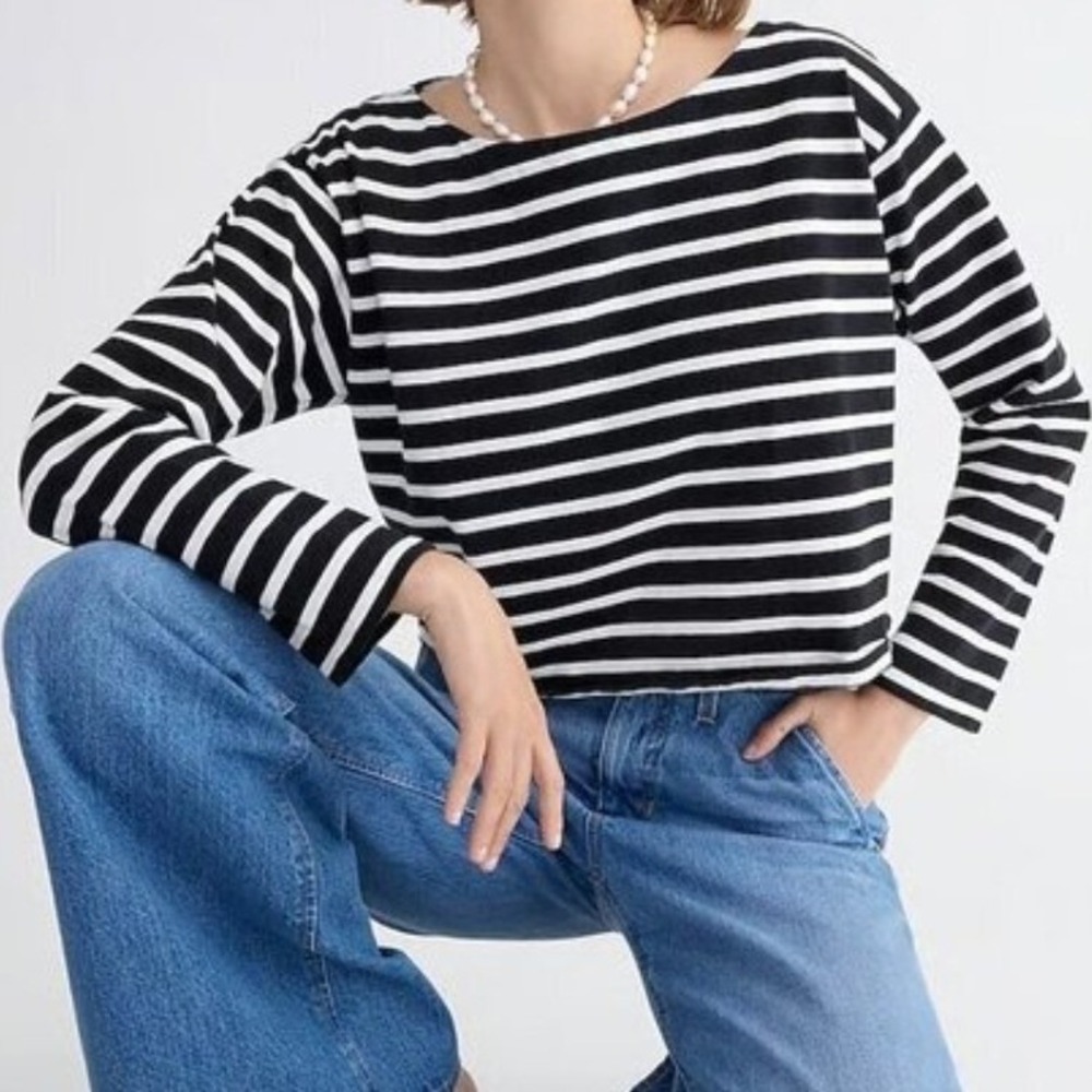 J.Crew Cropped Striped Boatneck Long Sleeve Top Black White Mariner Cloth Medium